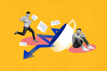 Photo artwork graphics collage painting of winner guy celebrating colleague losing isolated yellow...