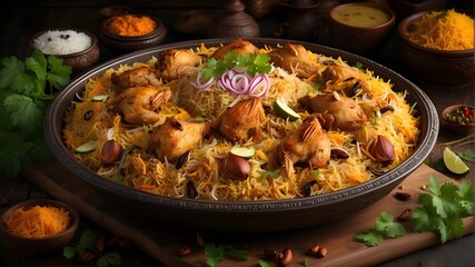 A photorealistic image of an exotic platter of Hyderabadi chicken biryani. The platter showcases the biryani dish with all its ingredients, including tender chicken pieces, fragrant basmati rice, aro