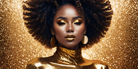 Close-up photo a beautiful black woman with gold makeup on her face, in the style of glittery, gold and moody style - obrazy, fototapety, plakaty