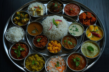 top view of assorted Indian curry and rice dishes, showing a variety of rice and curries in bowls. the dishes are presented in the style of traditional Indian cuisine