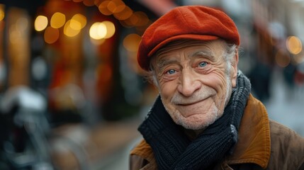 Cheerful Elderly Man in Red Cap Smiling on City Street - obrazy, fototapety, plakaty