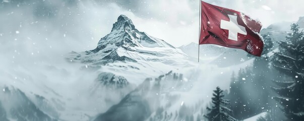 A close-up of a Swiss flag fluttering in the breeze against a backdrop of snowy mountains. - obrazy, fototapety, plakaty
