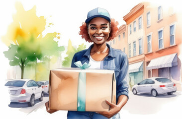 black delivery girl smiling, holding package and walking at city street, watercolor illustration. - obrazy, fototapety, plakaty