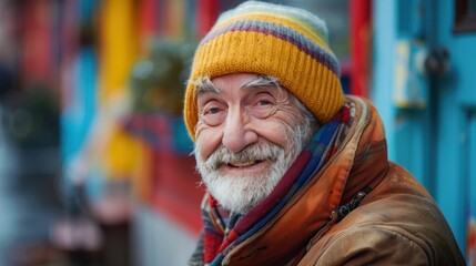 Fototapeta na wymiar Colorful Urban Setting: Happy Elderly Man Smiling Outdoors