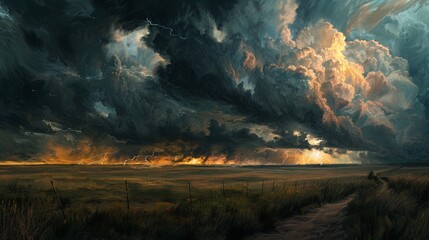 A dramatic panorama of a thunderstorm rolling across the plains, with dark clouds swirling overhead and lightning illuminating the horizon.
