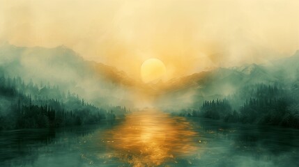 Mystical Sunrise over Mountain Lake, Golden Hues, Tranquil Nature Scenery