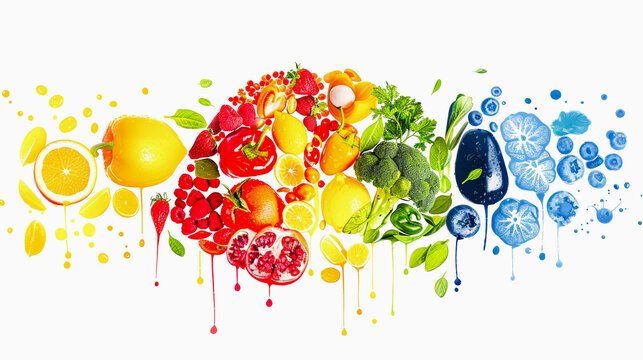 Colorful fruits and vegetables arranged in a rainbow spectrum with artistic paint drips on a white background. Healthy eating concept.