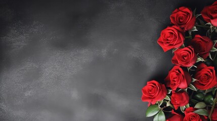 Red rose on a black background. Blooming flowes spring background banner - Bunch bouquet of red roses, on dark black concrete table, top view - obrazy, fototapety, plakaty
