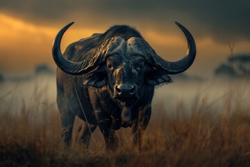 a buffalo standing in a field - obrazy, fototapety, plakaty