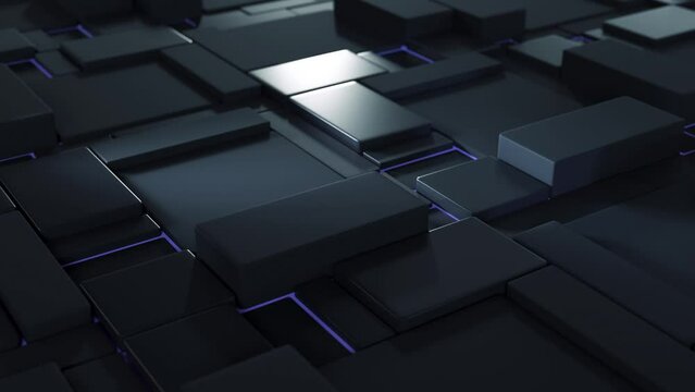 Dynamic squares animate across a black background in a loop, creating a modern, abstract, and minimalistic structure.