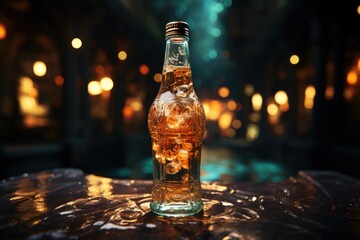 Glass bottle soda, outdoor celebration with string lighting and lively dance floor., generative IA