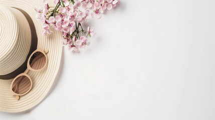 Straw hat with wooden sunglasses and pink flowers on a white background, capturing a serene and elegant aesthetic ideal for spring or summer visuals.