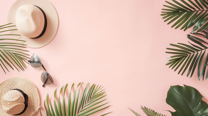 Summer accessories including a straw and a cream hat, sunglasses, surrounded by tropical palm leaves on a pink background, capturing the essence of summer and vacations.