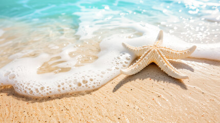 Travel background - Starfish  on a sunlit beach, waves gently crashing evoking a serene and tranquil atmosphere. 