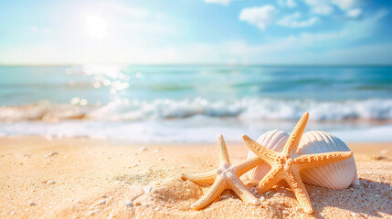 Travel background - Starfish and seashells on a sunlit beach, waves gently crashing, under a clear sky with fluffy clouds, evoking a serene and tranquil atmosphere. 