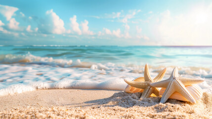 Travel background - Starfish and seashells on a sunlit beach, waves gently crashing, under a clear sky with fluffy clouds, evoking a serene and tranquil atmosphere. 