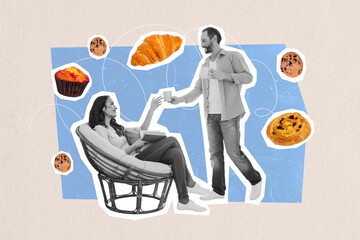 Creative drawing collage picture of mature couple dating care tasty sweet food delicious pastry...
