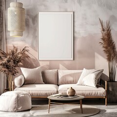 an image of a wall art mockup with a blank frame in a minimalist living room, emphasizing the clean and stylish aesthetic of the interior design.