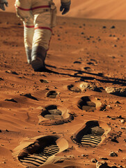 Empreintes de pas des astronautes dans le sol sablonneux de Mars. - obrazy, fototapety, plakaty