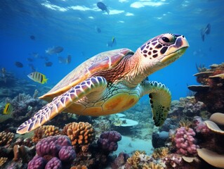 Green sea turtle on coral reef in the Red Sea, Egypt. - obrazy, fototapety, plakaty