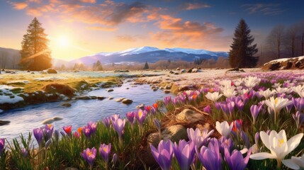 Beautiful panorama of blooming spring meadow landscape, with spring knot flowers, snowdrop and crocus, illuminated by the morning sun - obrazy, fototapety, plakaty