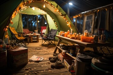 Beer cans in a night camp with flashlight lit tents., generative IA