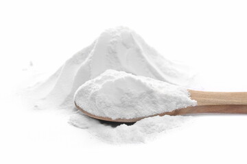 Sodium carbonate, pile baking soda in wooden spoon isolated on white