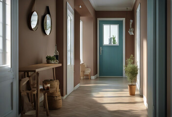 Fototapeta na wymiar bright hallway door entrance interior style with Scandinavian daylight peaceful natural plant homelike friendly wood hanger room corridor home house