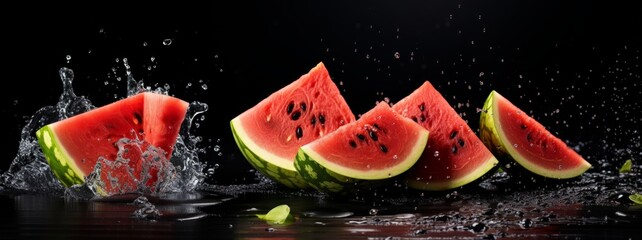 Juicy watermelon. Watermelon splash. Ripe watermelon in splashes of water. Juicy fruit watermelon creative Juicy fruits and juice. Water drops. - obrazy, fototapety, plakaty
