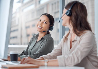 Business women, collaboration and telemarketing support of call center and web help workers....
