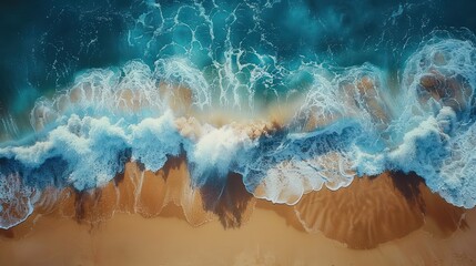 Tropical Paradise: Aerial View of Majestic Waves and Golden Sands on Dramatic Beachscape - obrazy, fototapety, plakaty