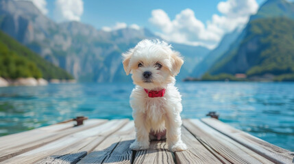 cute white puppy standing on the wooden dock at the lake with beautiful mountains in the background - obrazy, fototapety, plakaty