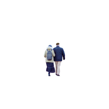 Couple d'environ 65 ans vue dos ,qui marche tranquillement en se tenant par le bras, ils sont habillés chaudement, monsieur, porte une casquette et madame a un sac à dos et une robe sombre. 