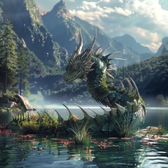 Transform a serene lake into a mystical realm where a majestic dragon peacefully coexists with nature, embodying harmony and balance in environmental conservation Through CG 3D rendering, bring to lif - obrazy, fototapety, plakaty