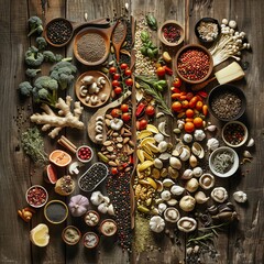 Visualize the transformation of ingredients into a work of art, symbolizing growth and change in the human psyche Merge the essence of Culinary Arts & Psychological Concepts in a stunning low-angle sh - obrazy, fototapety, plakaty