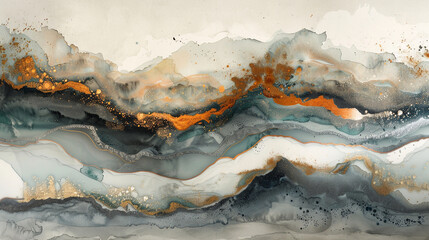 Serene watercolor washes sliding through a shimmering landscape of silver and bronze luminescence. 