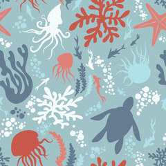 Seamless vector bright eco summer laconic sea pattern handmade with marine elements for children with tropical fish corals jellyfish octopus bubbles turtle algae