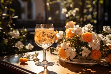 Bellini in an outdoor brunch with tables decorated with fresh flowers and a light blue sky., generative IA