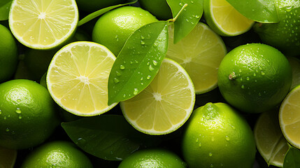 Slices of fresh juicy green lemons. Lime fruit cut texture. Citrus section pattern сreated with Generative Ai