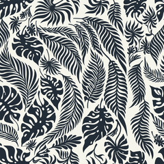 Seamless tropical vector laconic trendy hand drawn ink pattern for design of fabric, decor, ceramics, cards, flowers, texture print on light background