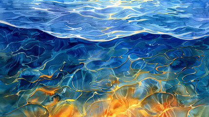 Sapphire blues cascade into golden ripples, a watercolor ocean. 