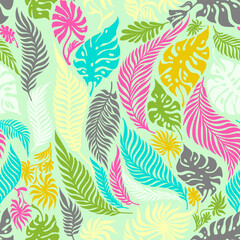 Seamless tropical vector bright trendy hand drawn color pattern for fabric design, decor, ceramics, cards, flowers, texture print on light background