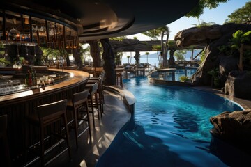 Fototapeta na wymiar Blue Lagoon in a pool bar with tropical cocktails and DJ., generative IA
