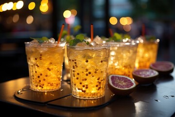 Passion fruit caipirinha in a tropical bar with live music and dance., generative IA