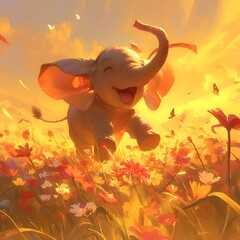 Energetic Baby Elephant Frolics Through Blooming Wildflower Field as Butterflies Flutter Around in Golden Sunset Glow