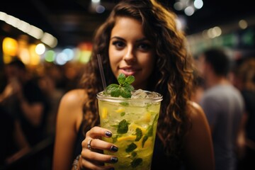 Passion fruit caipirinha in a tropical bar with live music of live live and dances under the...