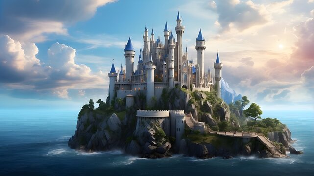 A photorealistic image of a magic castle, showcasing intricate details like towers, battlements, and enchanted elements. The castle is set against a scenic background with fantasy elements like floati