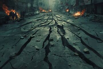 shattered street with cracks running through the asphalt, small fires burning in the background, and people huddled together in shock