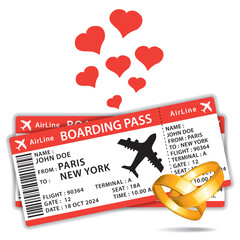 Honeymoon. Beautiful boarding passes with wedding rings. Two red flat design airplane tickets. Hand drawn vector icon illustration.