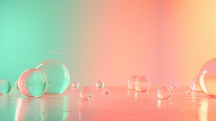 an image with a light green and orange-pink gradient color scheme, illuminated by ambient light at noon, featuring spherical water droplets and bright product light against a clean and bright indoor s